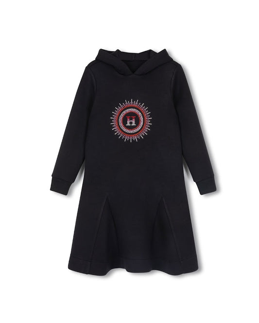 HELLO YELLOW BLACK RHINESTONE EMBELLISHED SCUBA DRESS