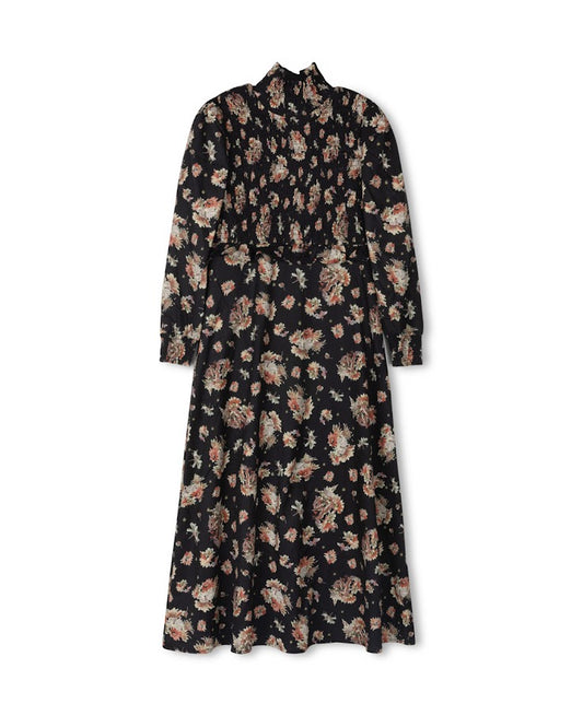 MINIMAL BLACK FLORAL PRINT SMOCKED DRESS