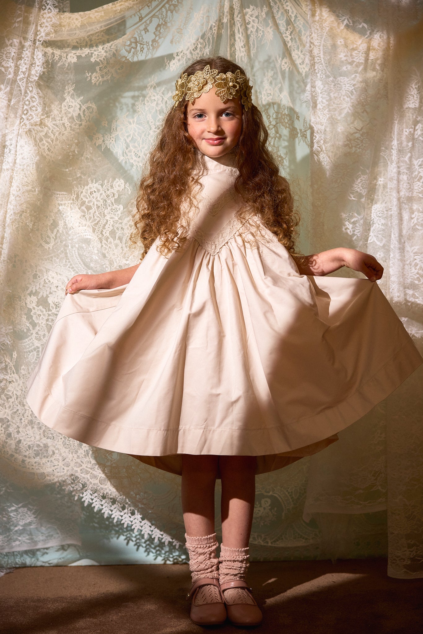FRANCESCA GUILIANO PINK TAFFETA LACE V DESIGN DRESS