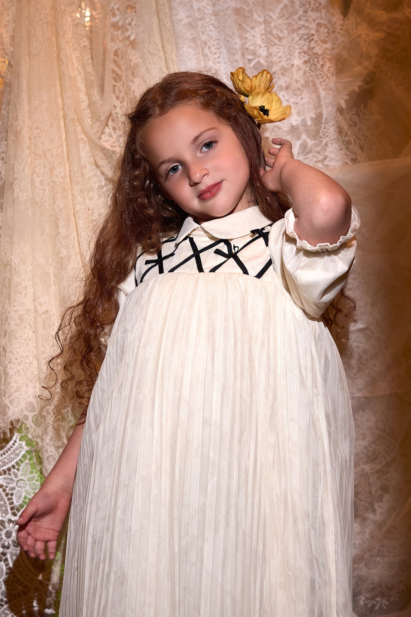 FRANCESCA GUILIANO CREAM/BLACK LATTICE PUFF SLEEVE DRESS