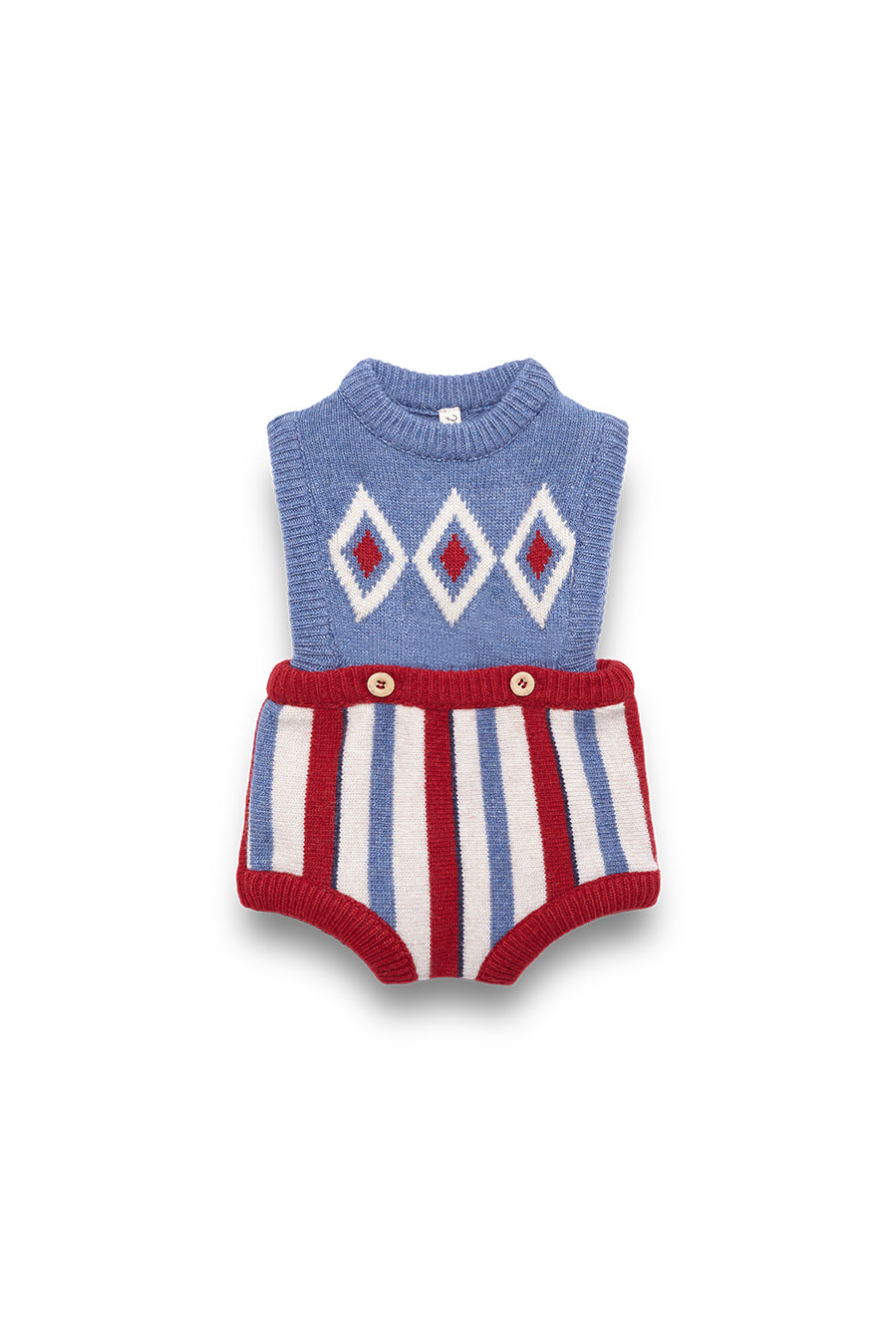 BIRINIT PETIT DUSTY BLUE/RED ARGYLE KNIT ROMPER