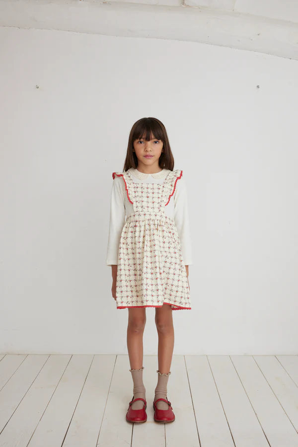 BEBE ORGANIC CREAM/RED FLORAL GRID APRON DRESS