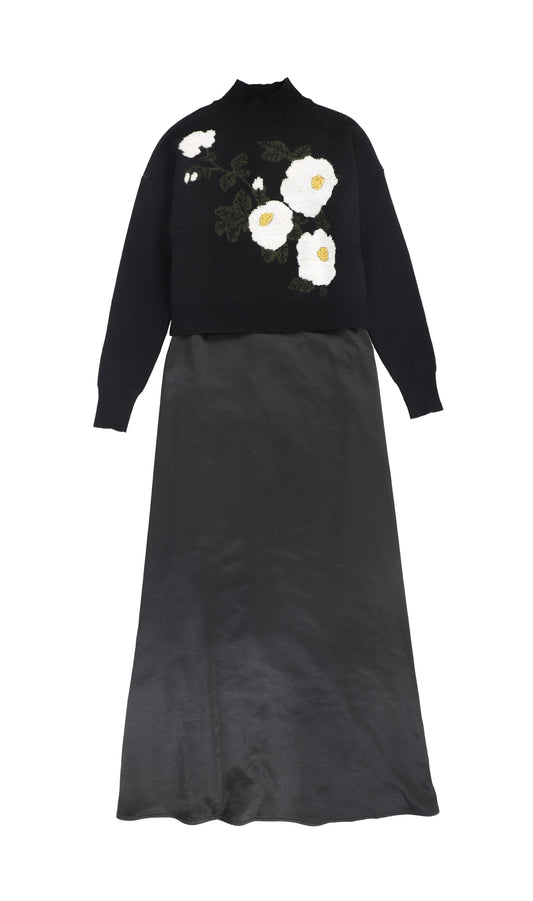 VALENTINA BLACK FLOWER EMBROIDERED SWEATER MAXI DRESS