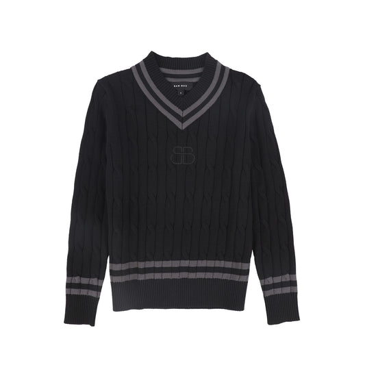 BAMBOO BLACK CABLE KNIT STRIPE TRIM SWEATER