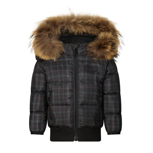 SCOTCH BONNET BLACK/GREEN PLAID FUR TRIM COAT