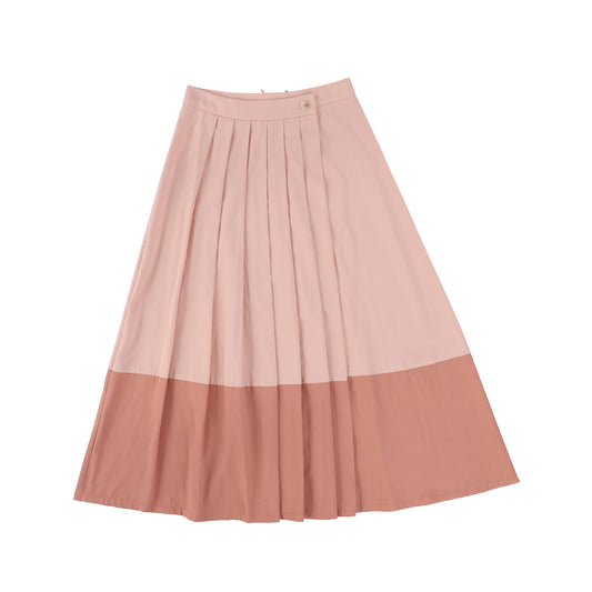BAMBOO PINK PLEATED COLOR BLOCK WRAP SKIRT [FINAL SALE]