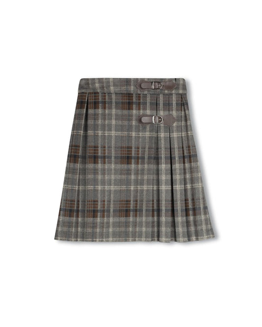 ONE CHILD GREY/BROWN WOOL PLAID BUCKLE PLEAT SKIRT