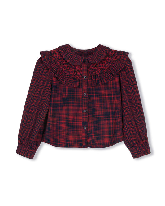 LILOU BURGUNDY PLAID RUFFLE BLOUSE