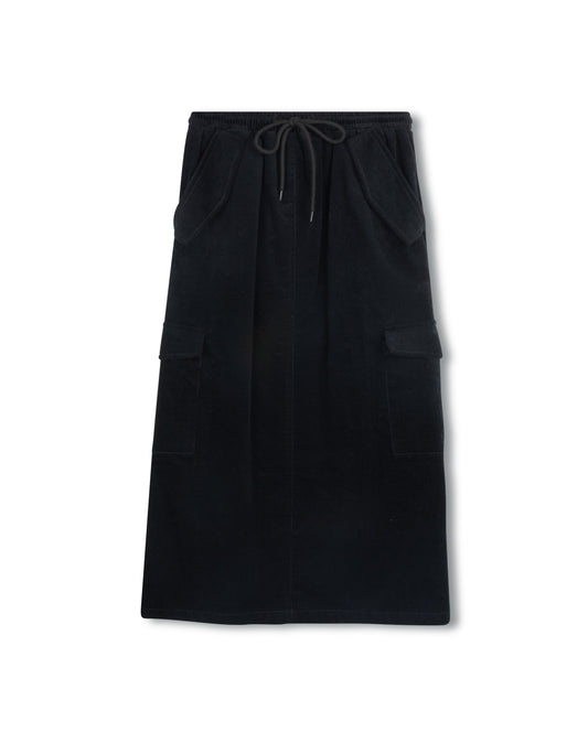 VIBE BLACK CORDUROY DRAWSTRING CARGO POCKET SKIRT