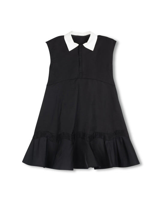 LILOU BLACK TAFFETA COLLARED RUFFLE HEM DRESS