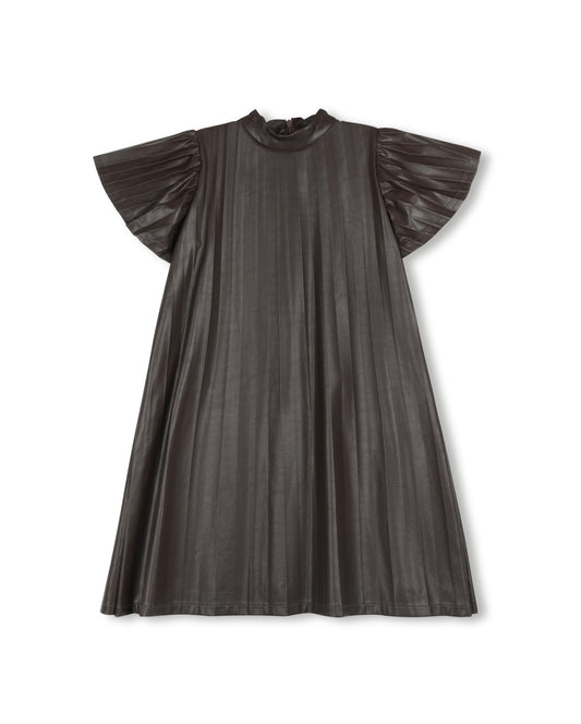 LILOU BROWN LEATHER PLEAT DRESS