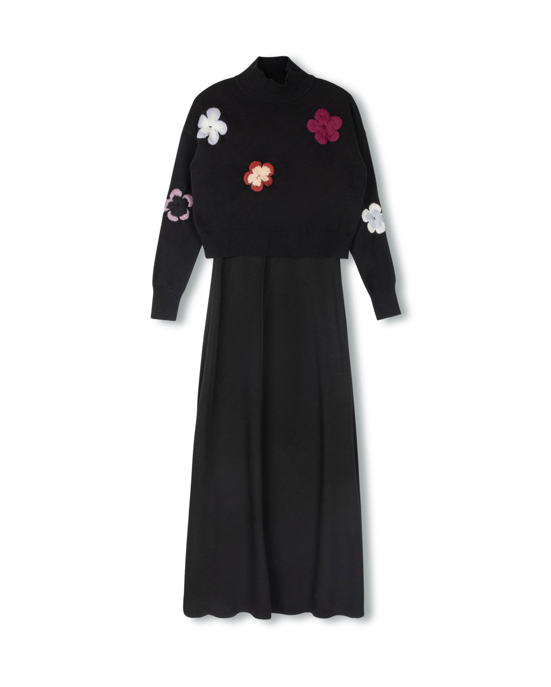 MINIMAL BLACK FLOWER APPLIQUE SLIP DRESS SET