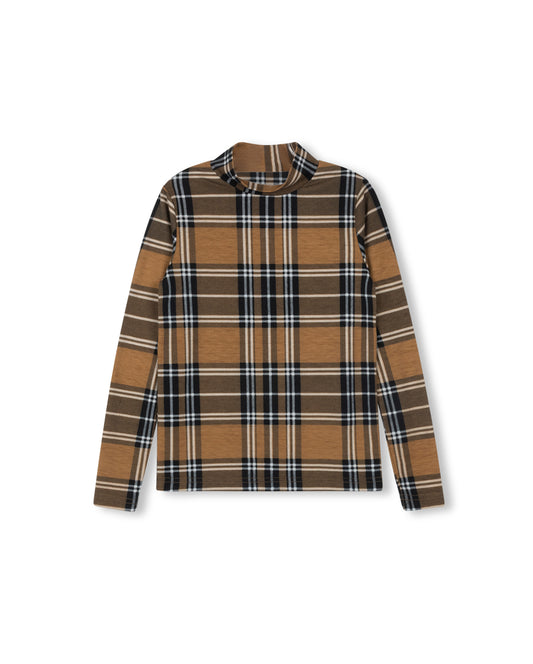 HELLO YELLOW CAMEL PLAID PRINT TURTLENECK
