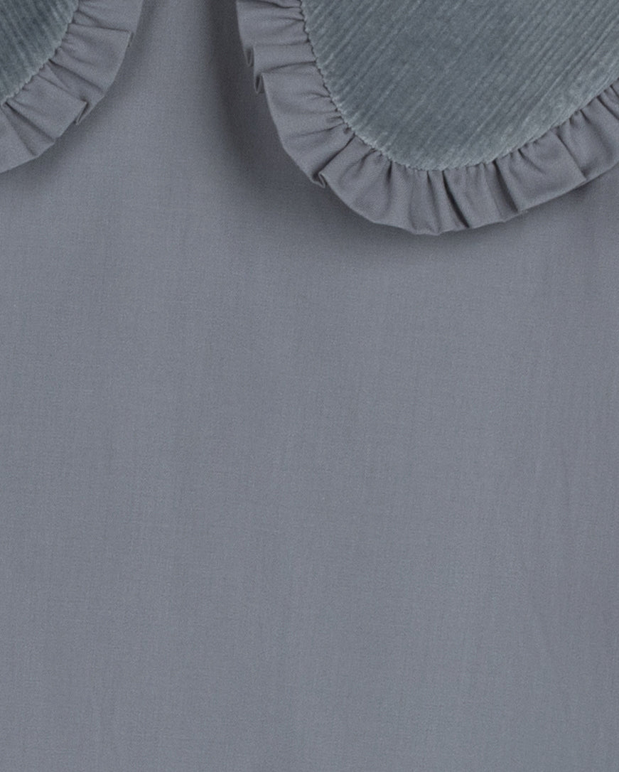 LILOU BLUE POPLIN RUFFLE TRIM COLLAR DRESS