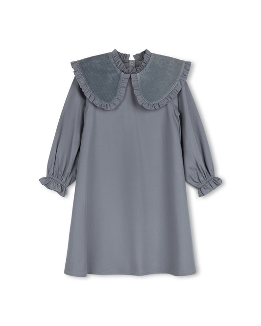 LILOU BLUE POPLIN RUFFLE TRIM COLLAR DRESS