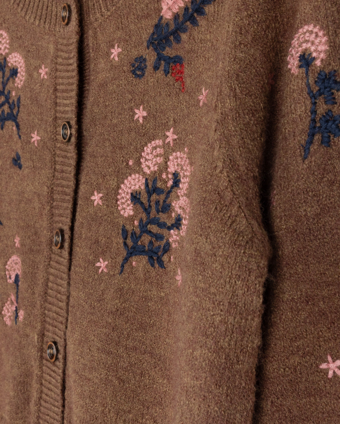 ONE CHILD BROWN FLOWER EMBROIDERED KNIT CARDIGAN