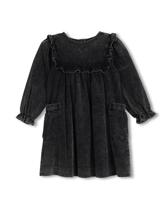 PHIL AND PHOEBE BLACK CORDUROY RUFFLE TRIM POCKET DRESS