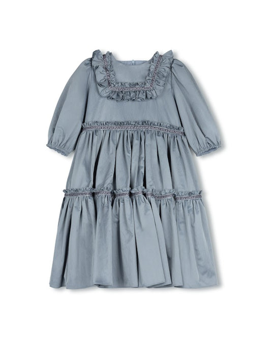 LILOU BLUE TAFFETA TIERED RUFFLE TRIM DRESS