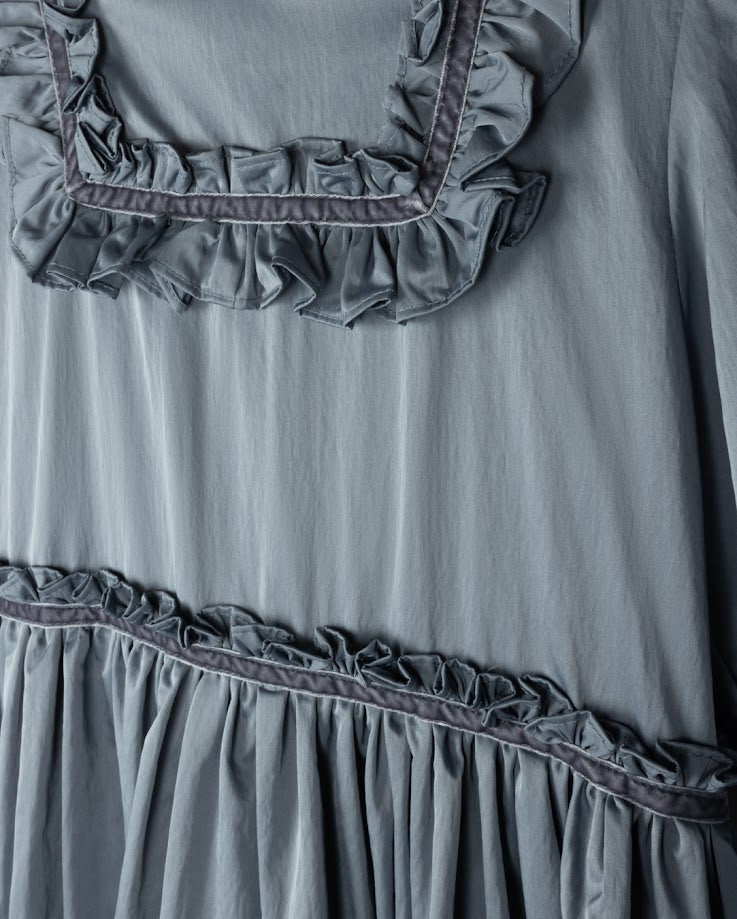 LILOU BLUE TAFFETA TIERED RUFFLE TRIM GOWN