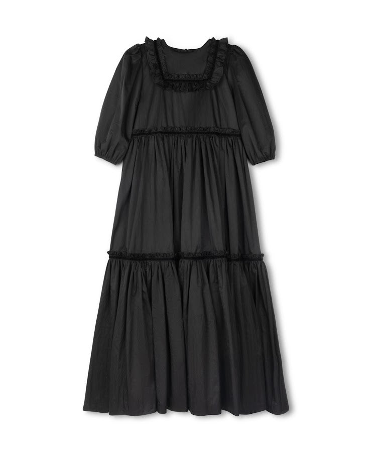 LILOU BLACK TAFFETA TIERED RUFFLE TRIM GOWN