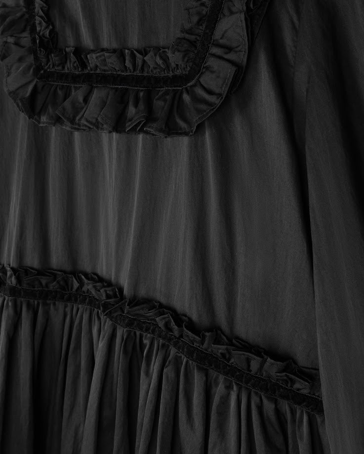 LILOU BLACK TAFFETA TIERED RUFFLE TRIM GOWN