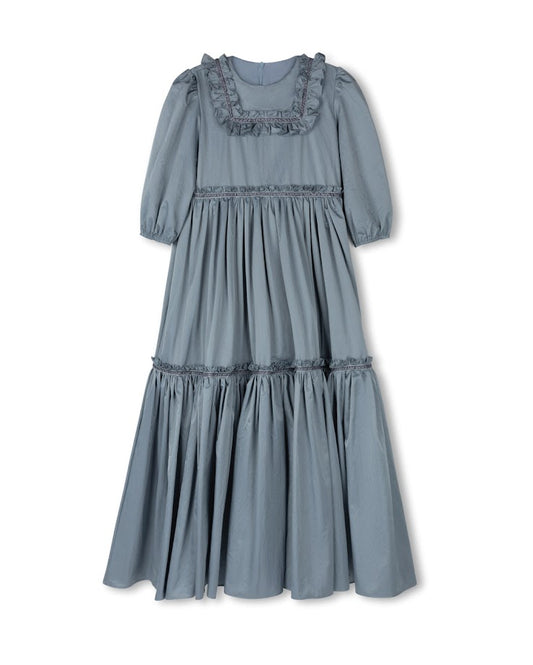 LILOU BLUE TAFFETA TIERED RUFFLE TRIM GOWN