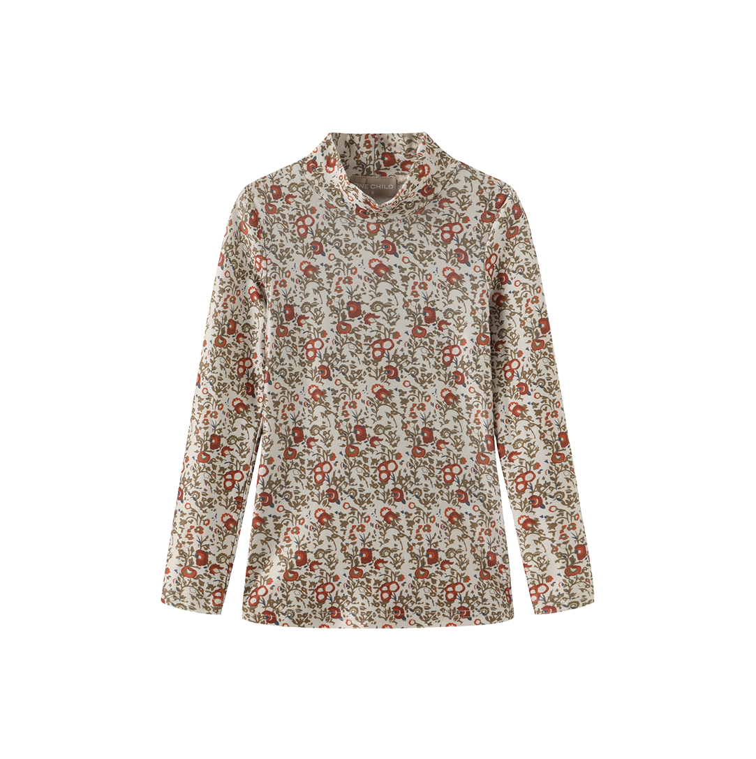ONE CHILD OLIVE/RUST FLORAL PRINT MOCK NECK