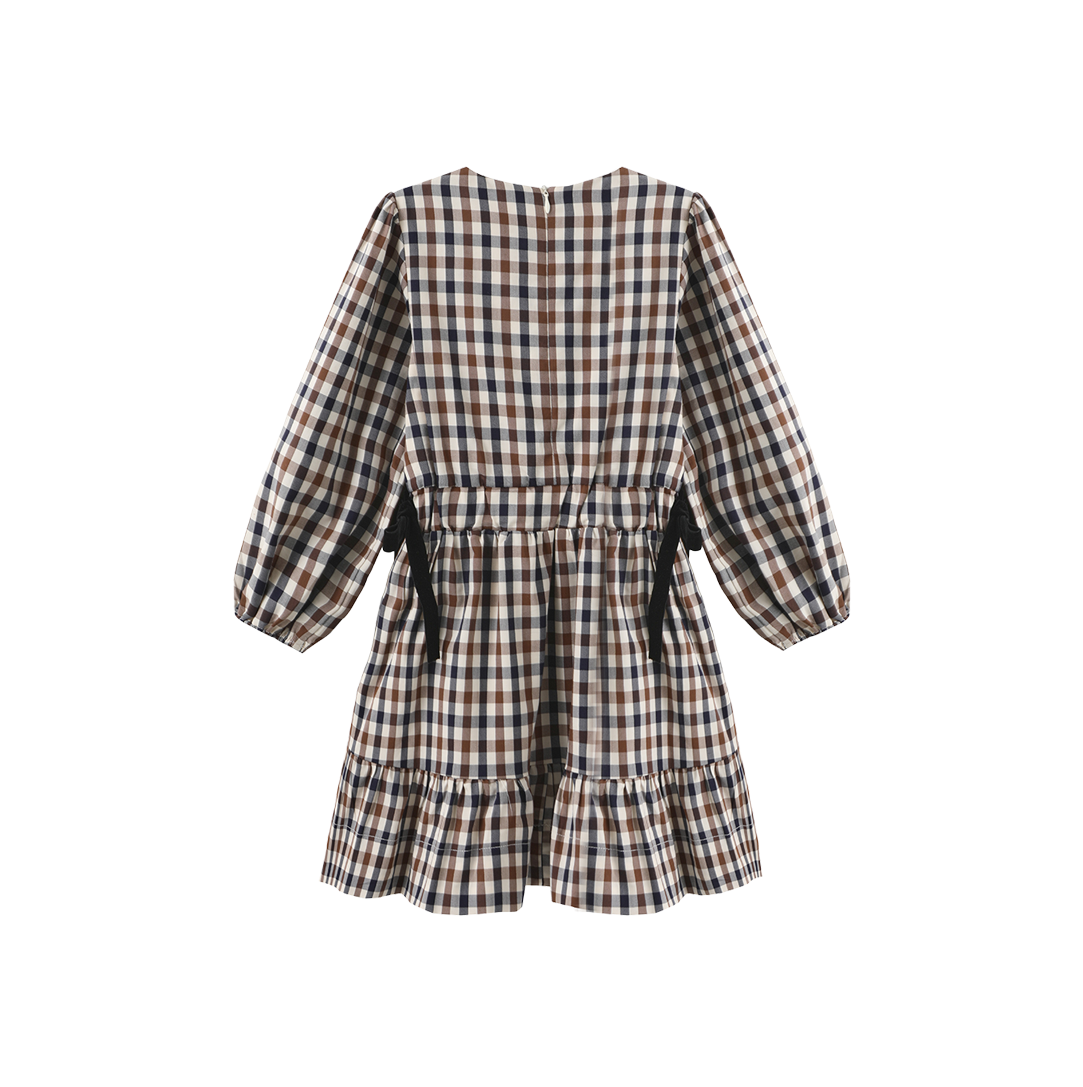 PAPILLON NAVY/BROWN CHECKED BOW WAIST DRESS