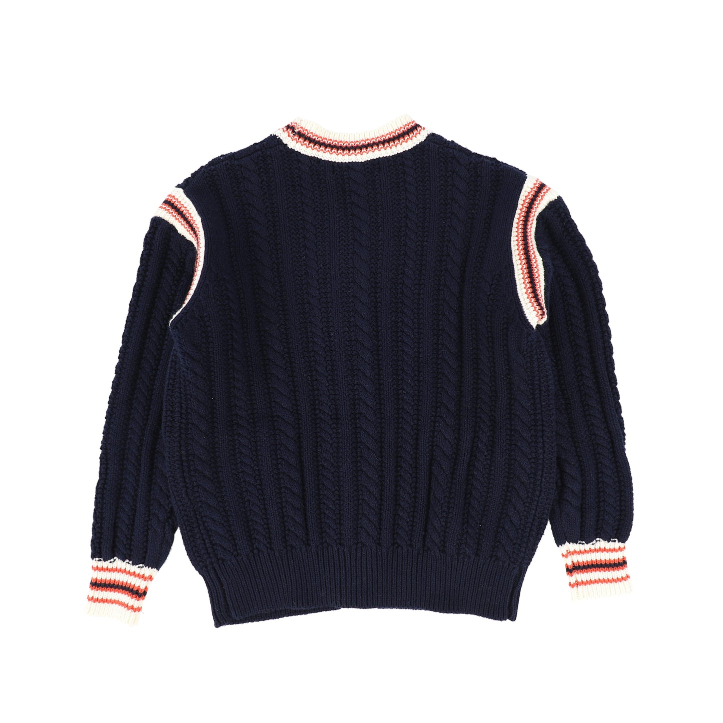 BAMBOO RED CABLE KNIT NAVY CARDIGAN WITH CONTRAST STITCHING [Final Sale]