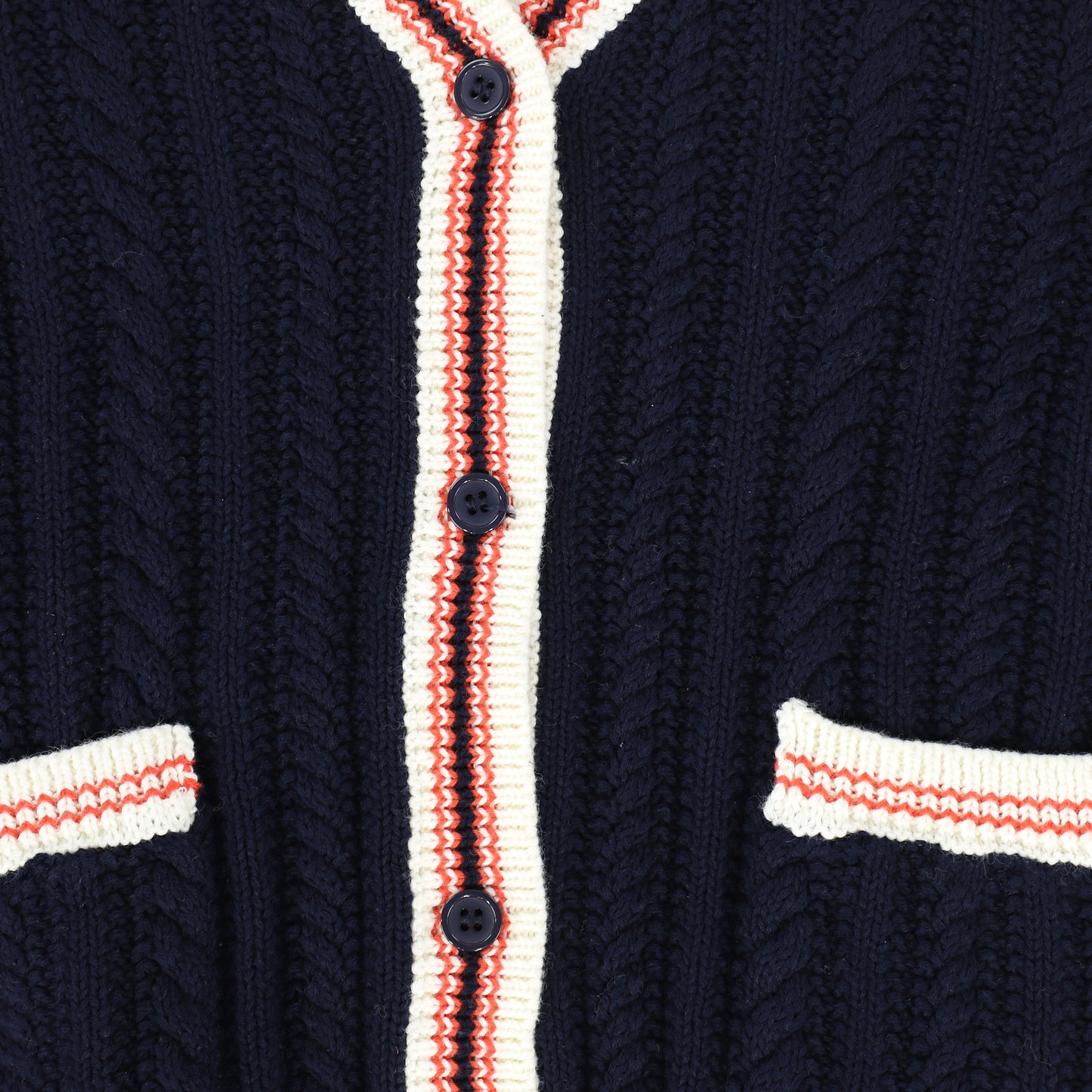 BAMBOO RED CABLE KNIT NAVY CARDIGAN WITH CONTRAST STITCHING [Final Sale]