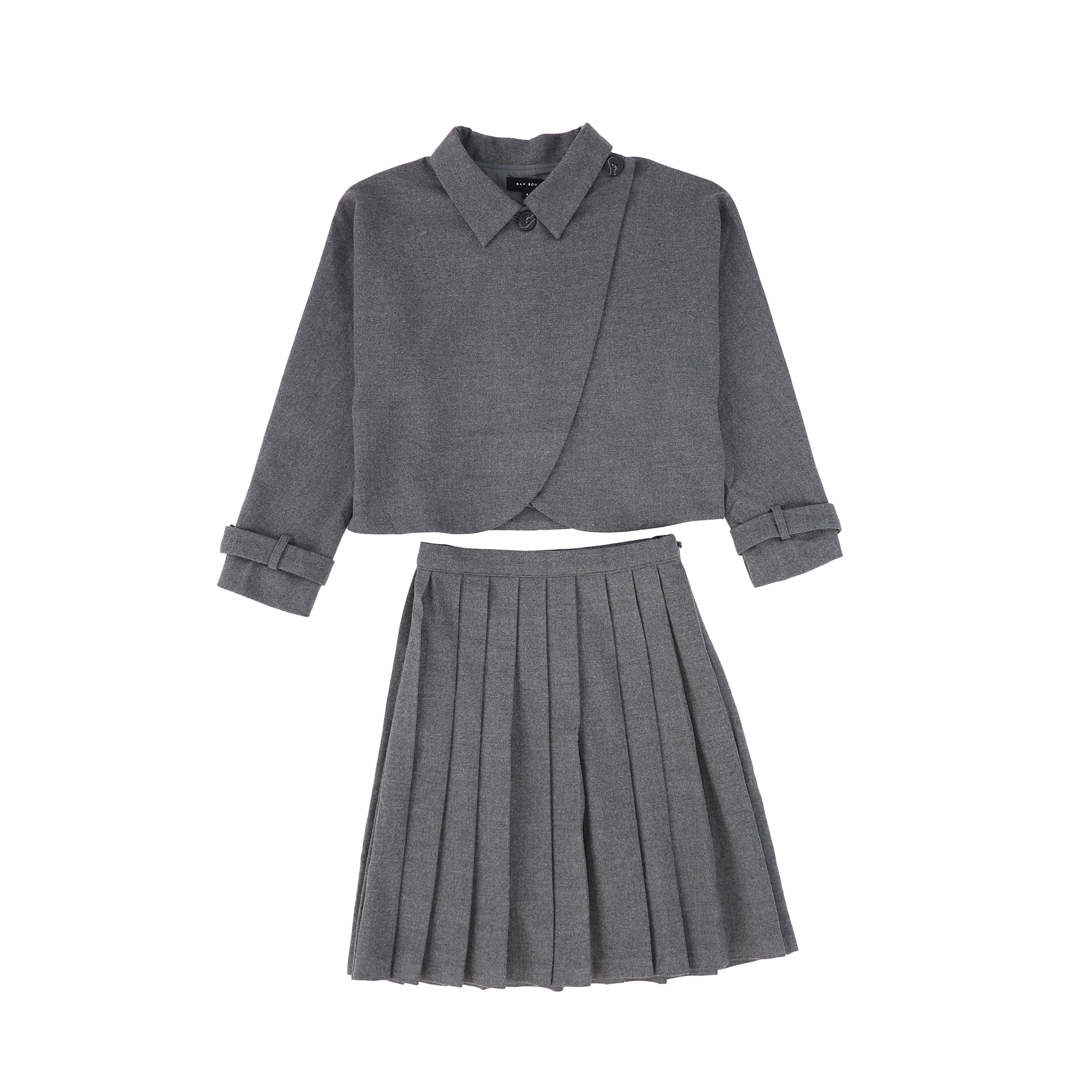 Bamboo Heather Gray Wool Pleated Skirt And Jacket Set [FINAL SALE