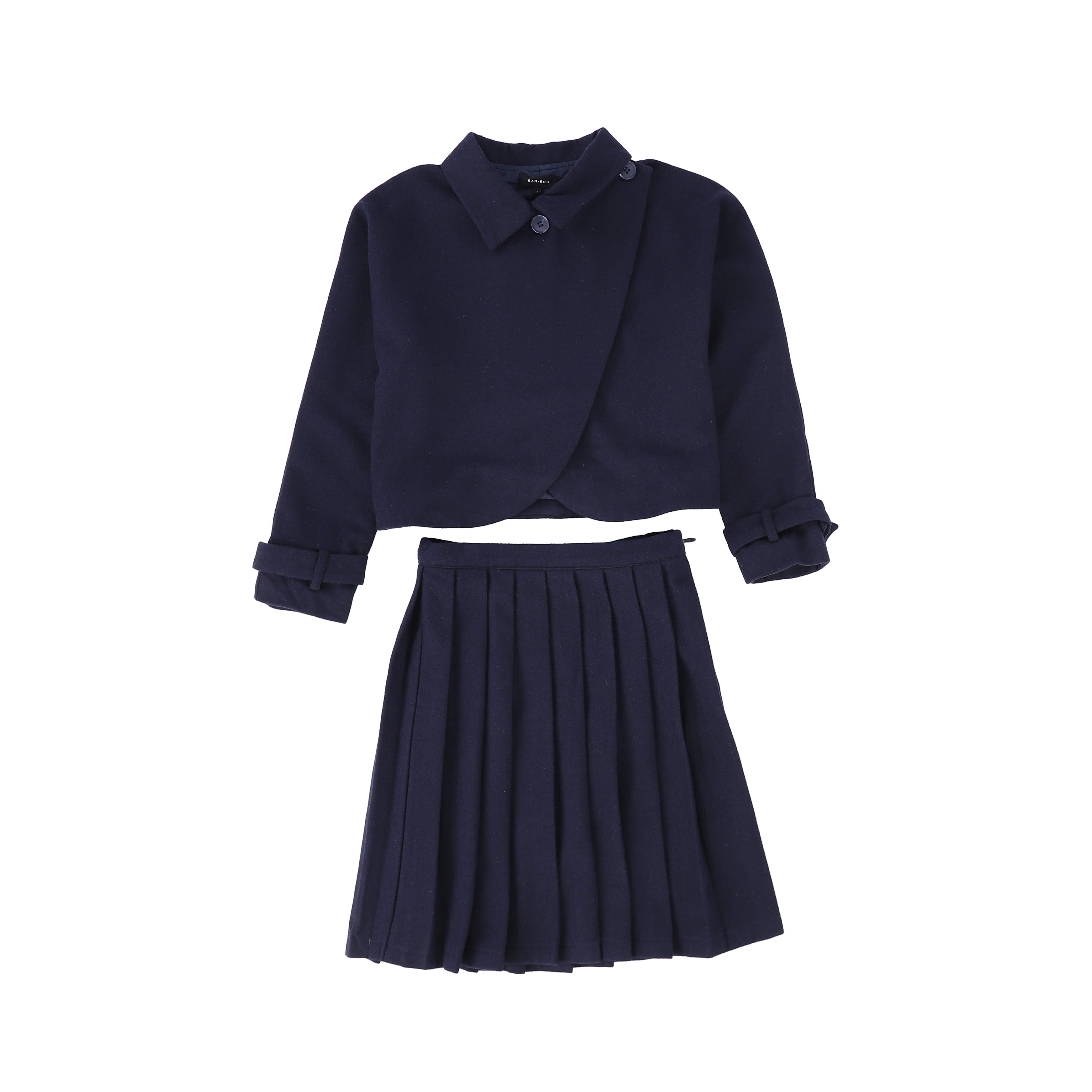 Navy Wool Pleated Skirt and Jacket Set Size 8 by Bamboo