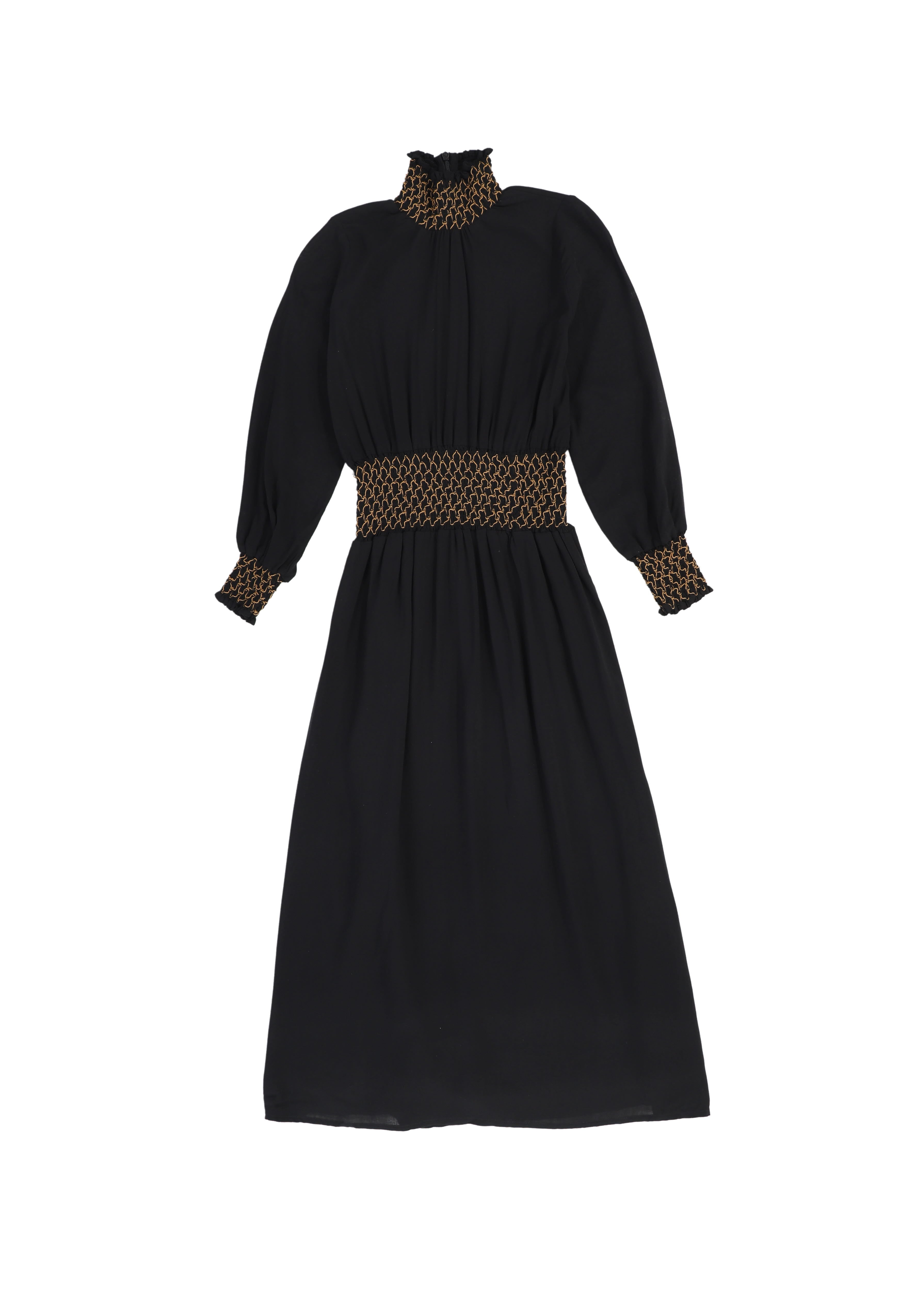 Black Bow Print Smocked Ruffle High Waist Maxi Dress