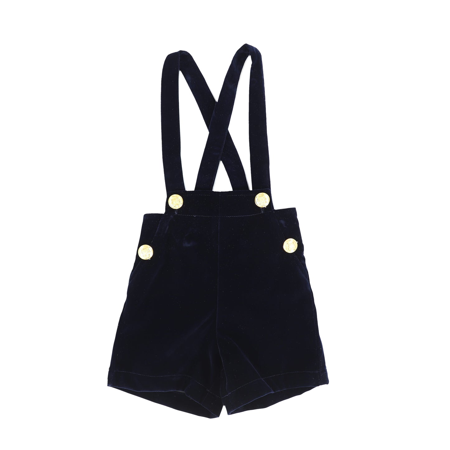 ONE CHILD NAVY VELVET BUTTON SUSPENDER SHORTS