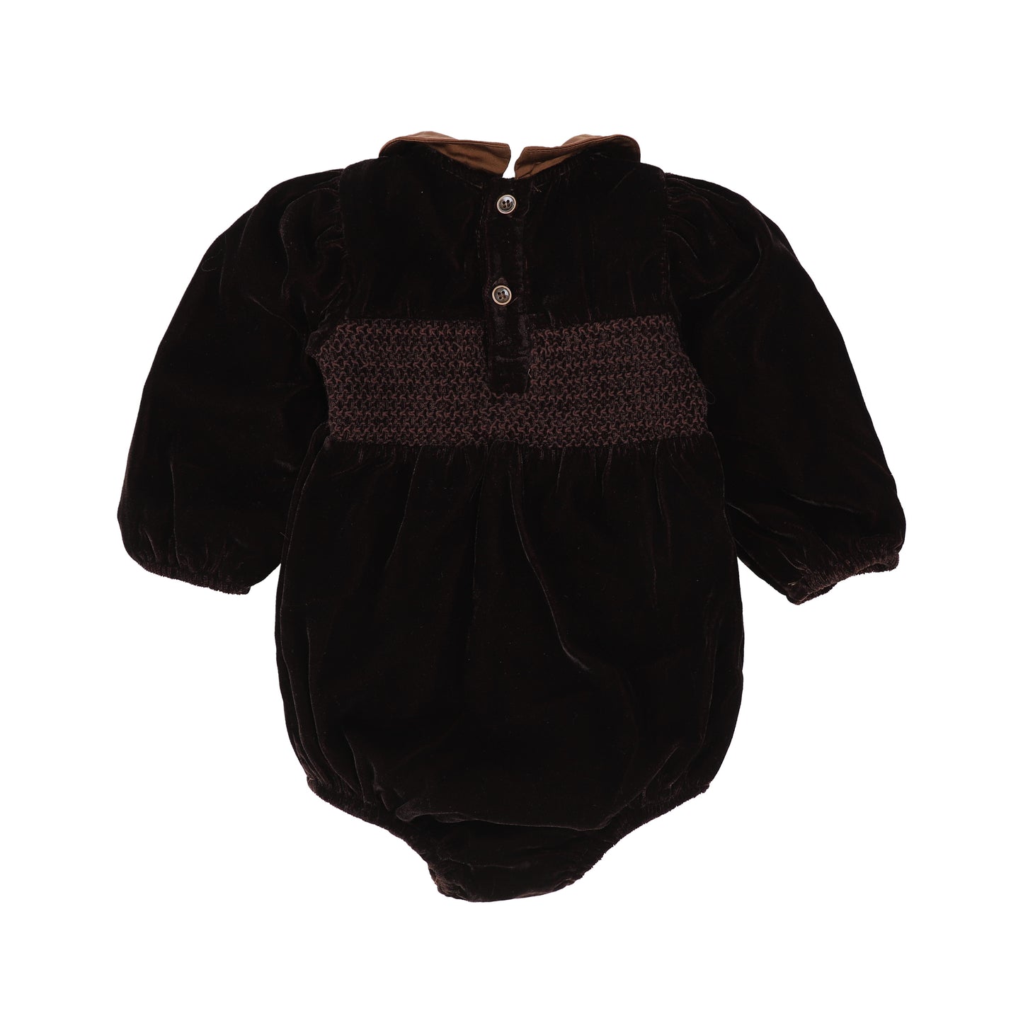 ONE CHILD BROWN VELVET PUFF SLEEVE ROMPER