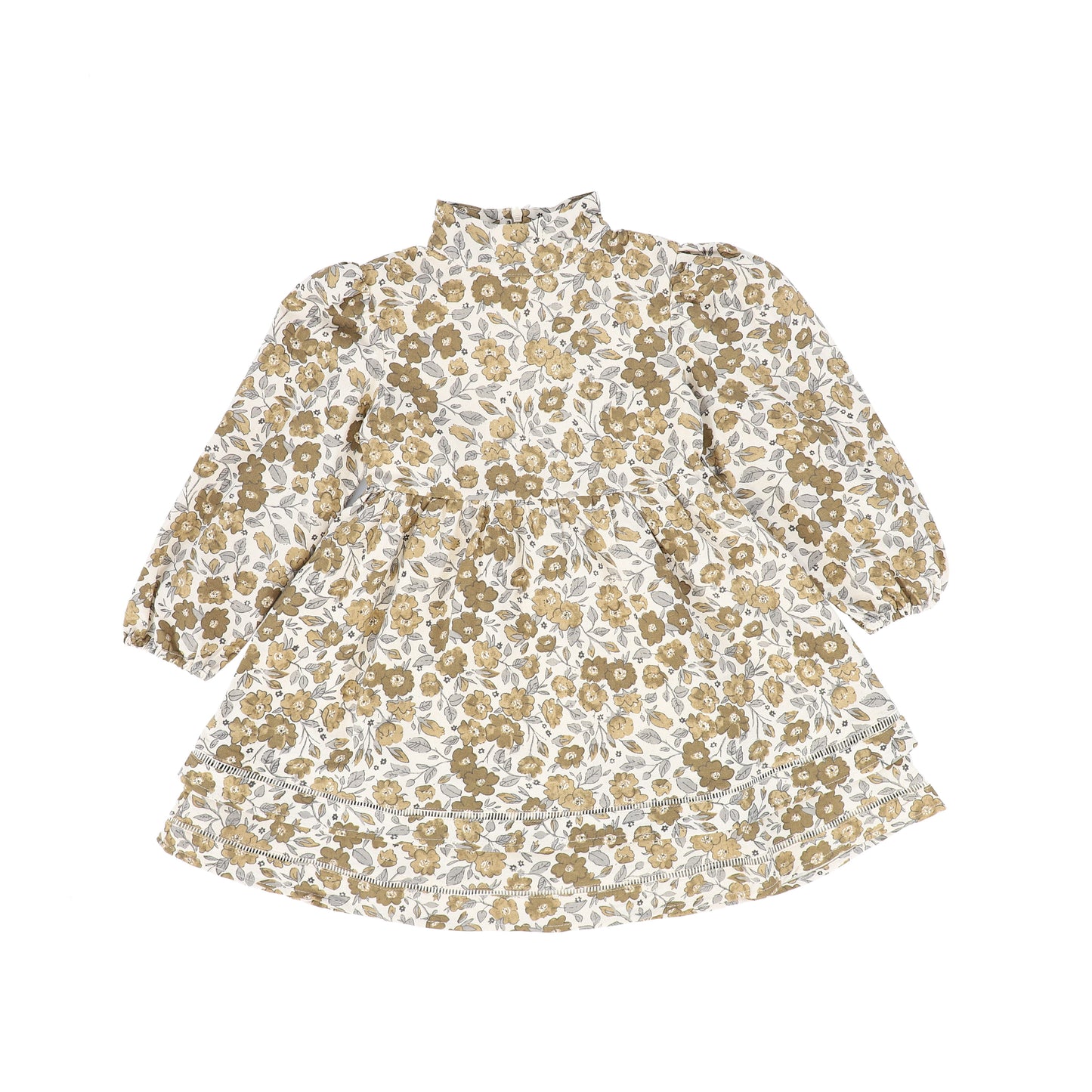 ONE CHILD BROWN FLORAL HIGH NECK PUFF SLEEVE DRESS