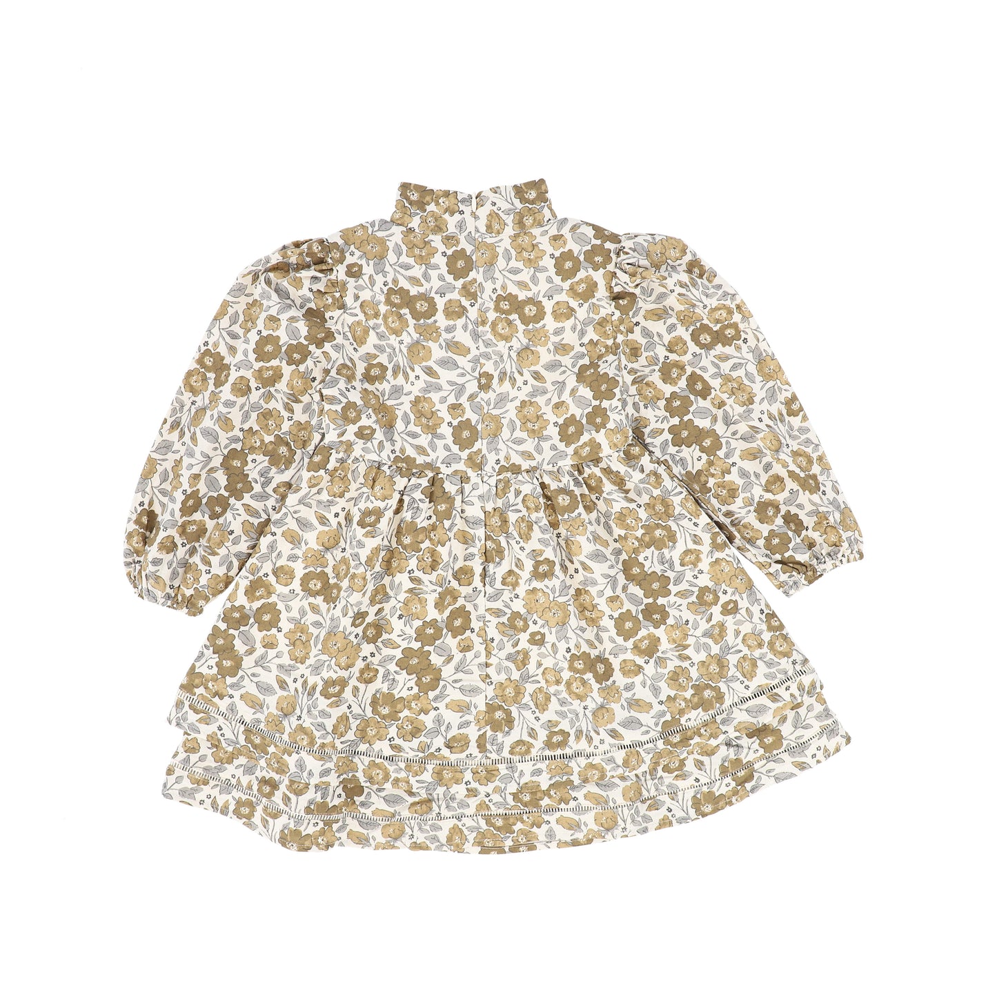 ONE CHILD BROWN FLORAL HIGH NECK PUFF SLEEVE DRESS