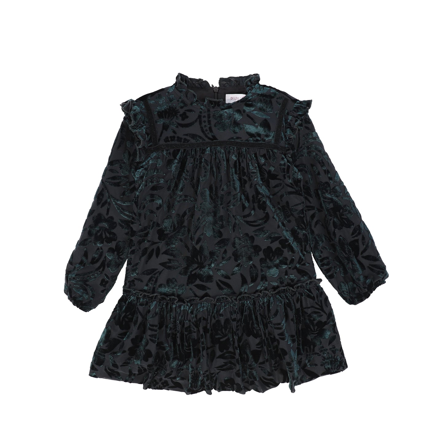 PAPILLON TEAL VELVET FLORAL RUFFLE TRIM DRESS