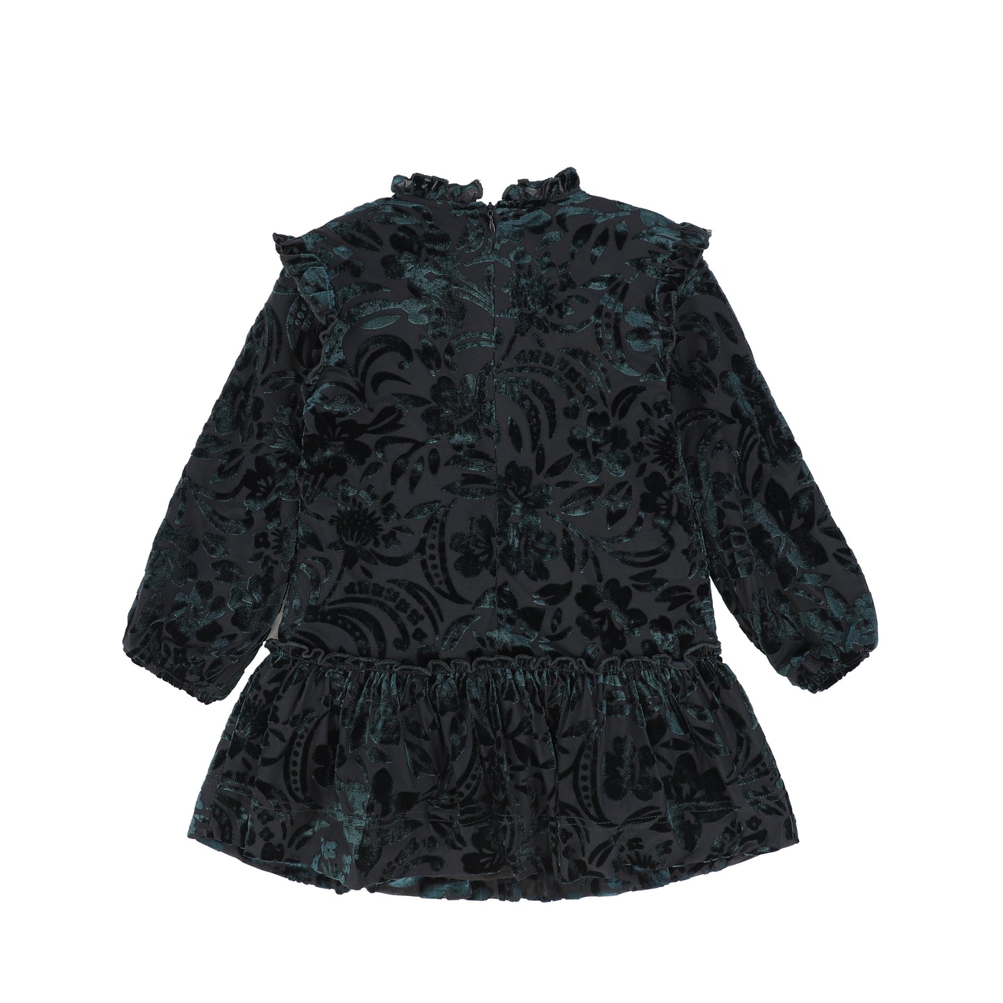 PAPILLON TEAL VELVET FLORAL RUFFLE TRIM DRESS