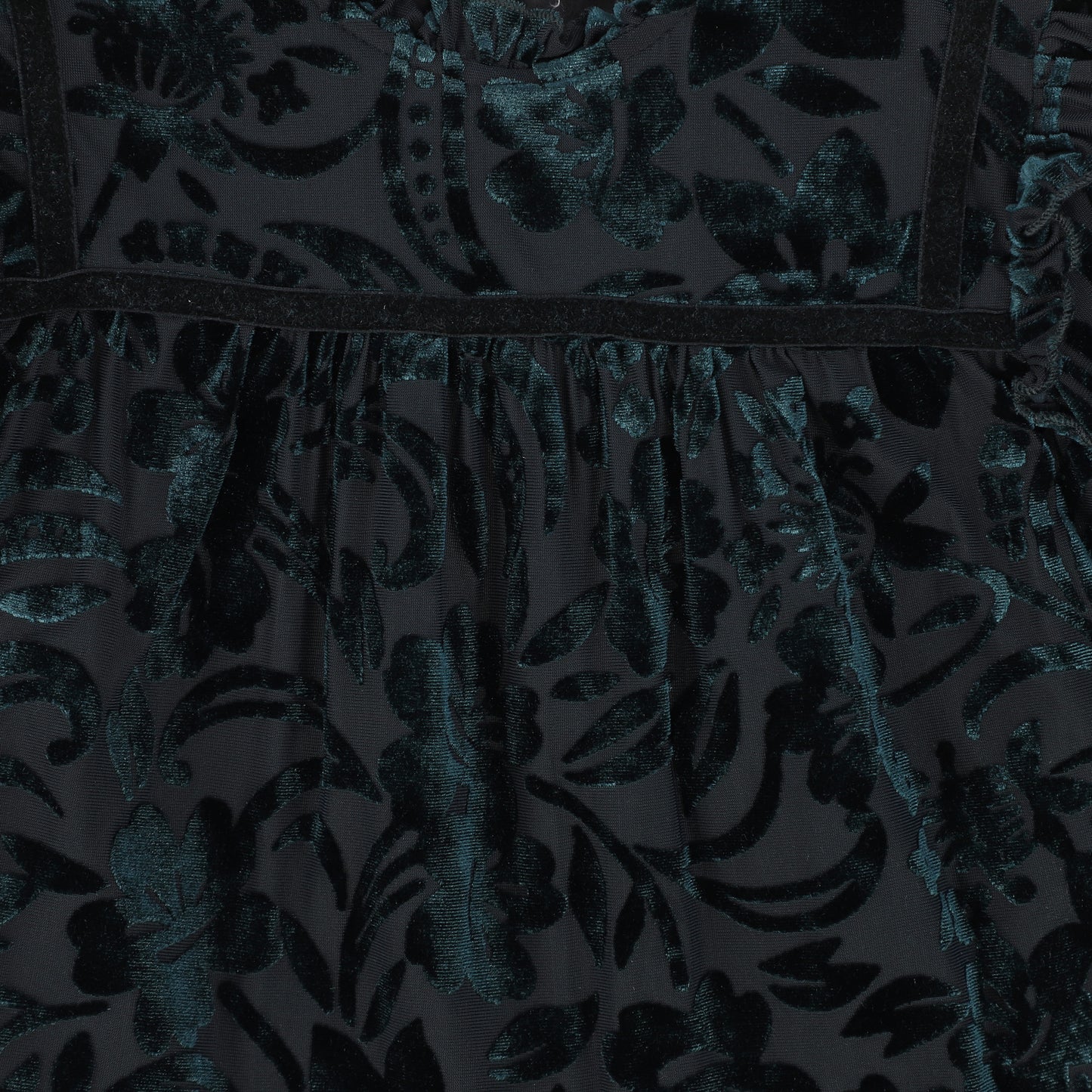 PAPILLON TEAL VELVET FLORAL RUFFLE TRIM DRESS
