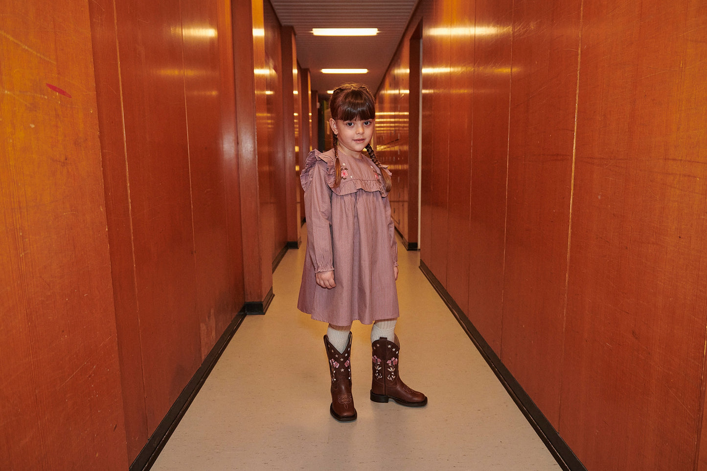 COPENHAGEN COLOR DUSTY ROSE CHECKERED EMBROIDERED RUFFLE DRESS
