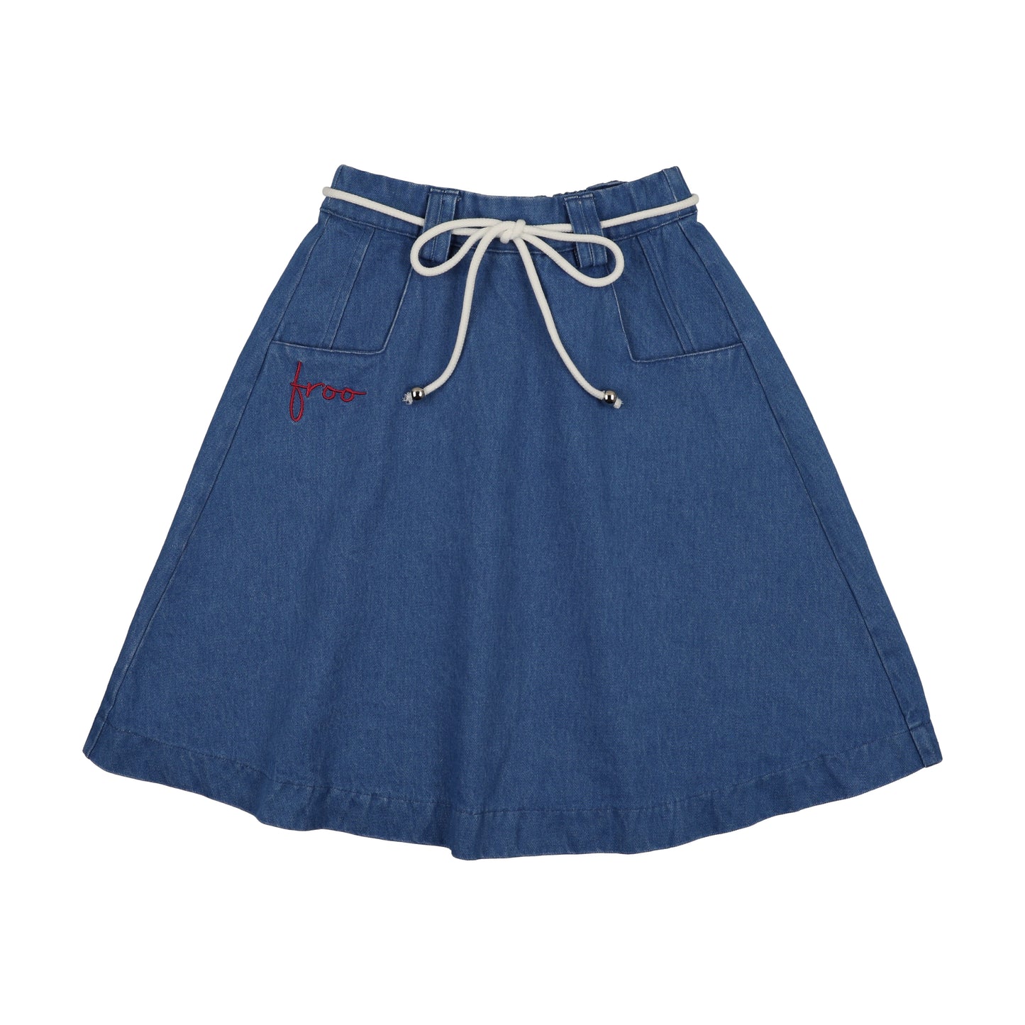 FROO STYLE BLUE DENIM WASH WORDED ROPE SKIRT