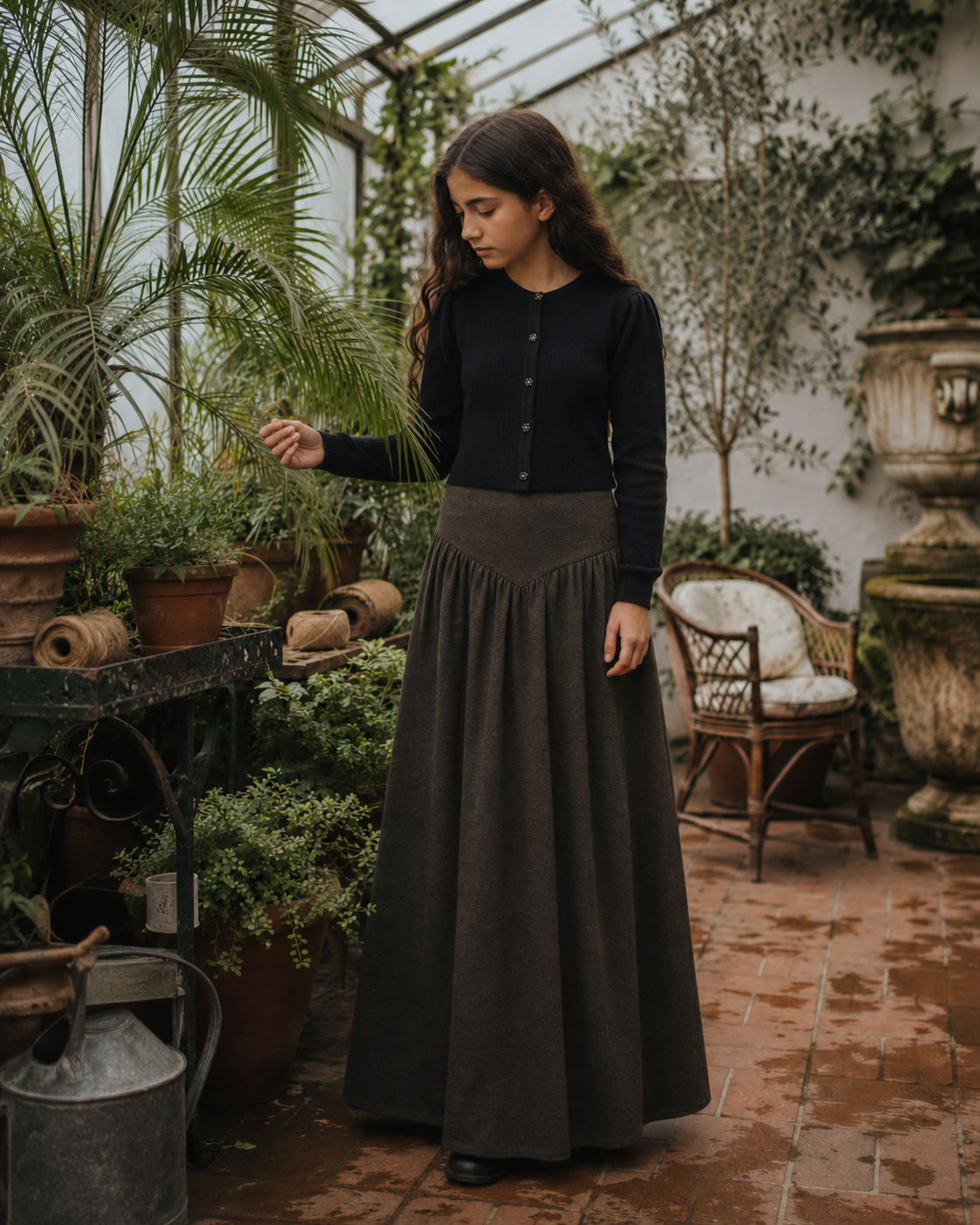 RETRO KID BROWN WOOL V WAIST MAXI SKIRT