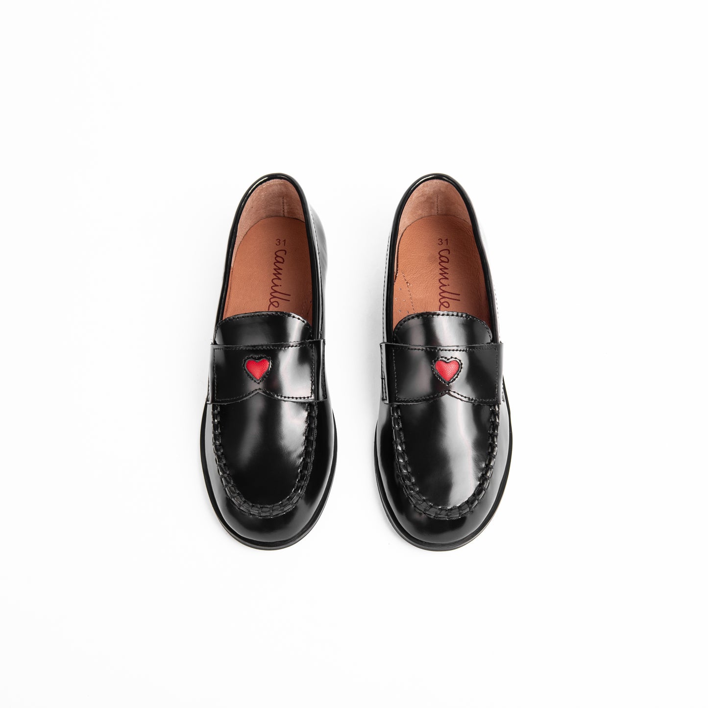 CAMILLE KIDS BLACK PATENT HEART STENCIL LOAFER