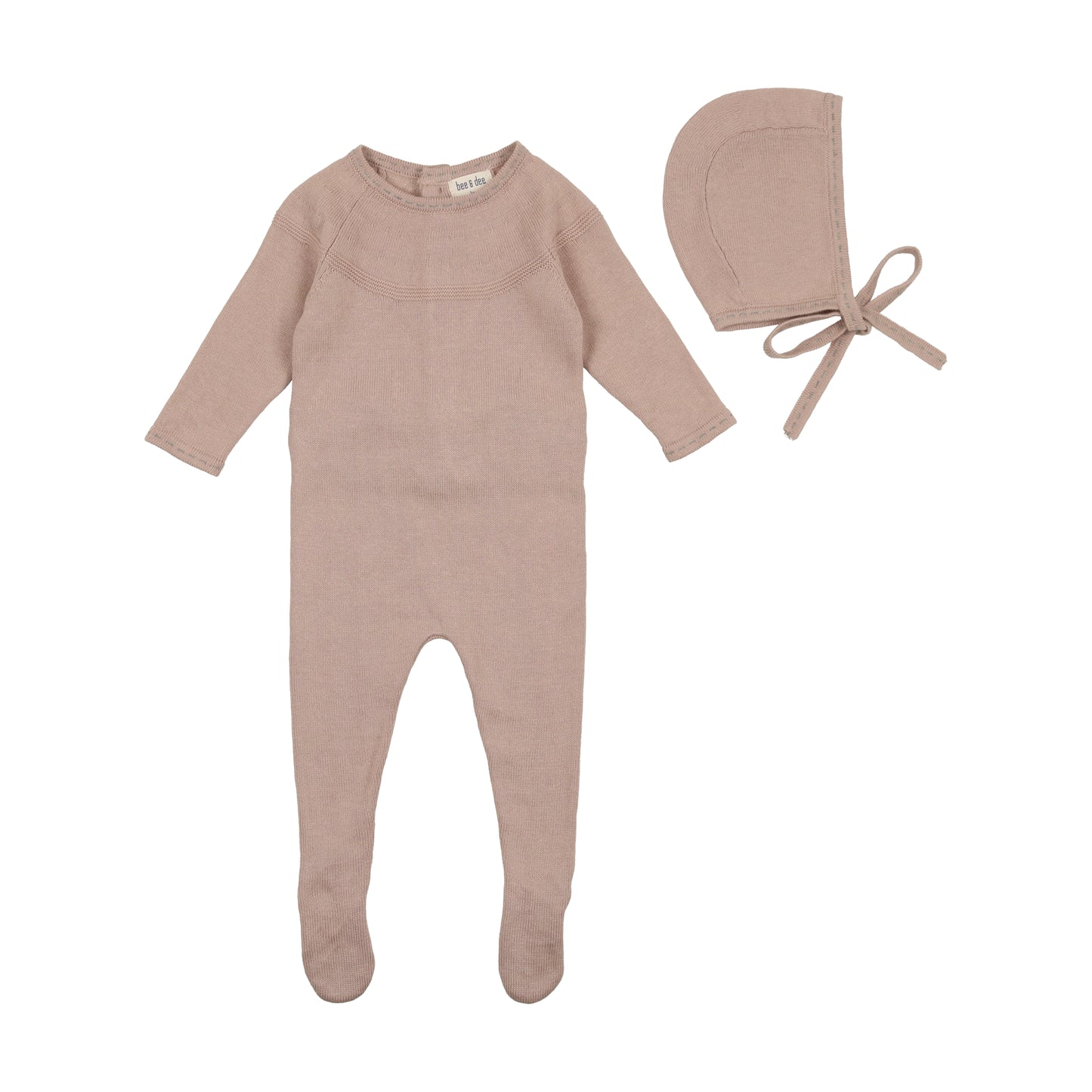 BEE & DEE CINNAMON PINK CONTRAST STITCH KNIT FOOTIE WITH BONNET