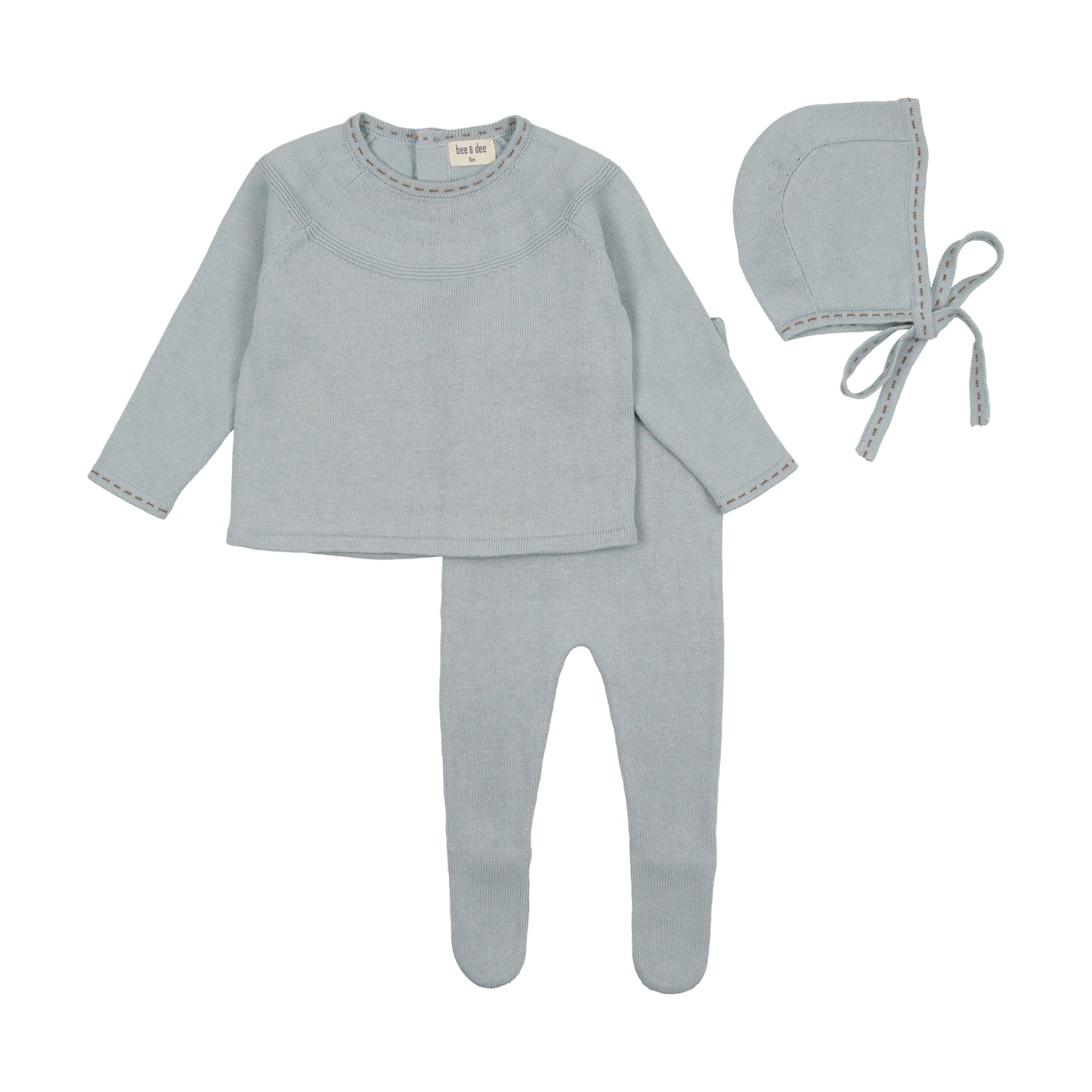 BEE & DEE SKY BLUE CONTRAST STITCH KNIT 2 PC OUTFIT WITH BONNET