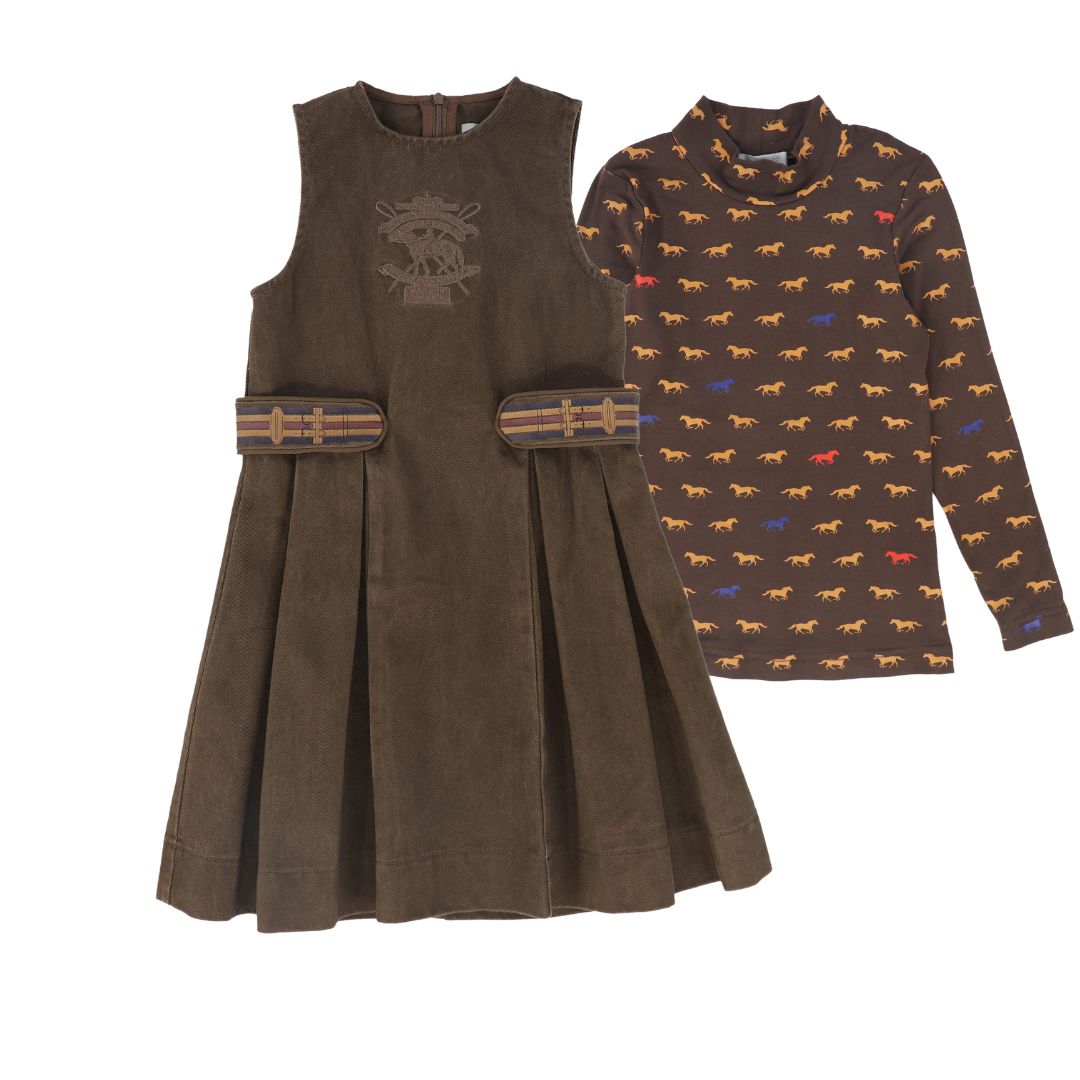 BACE COLLECTION BROWN DENIM EMBROIDERED PLEAT JUMPER SET
