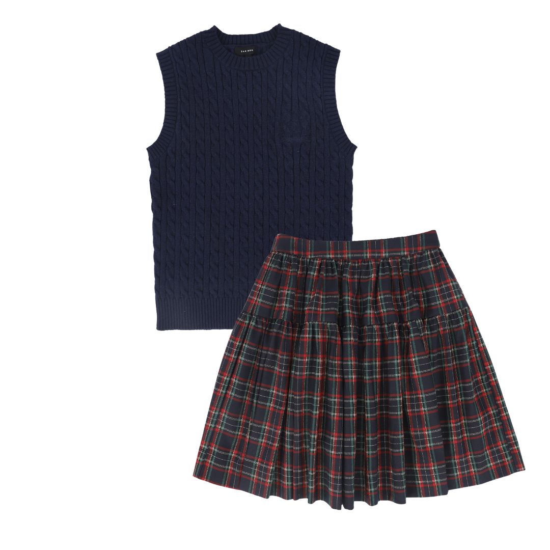 BAMBOO NAVY CABLE-KNIT VEST SET