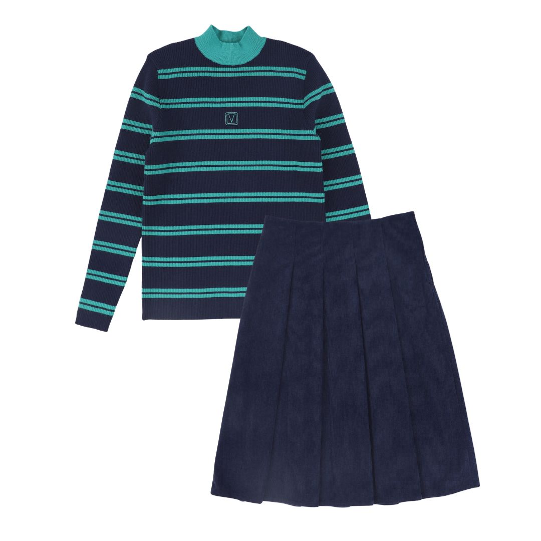 VALENTINA NAVY RIBBED STRIPE TURTLENECK SET