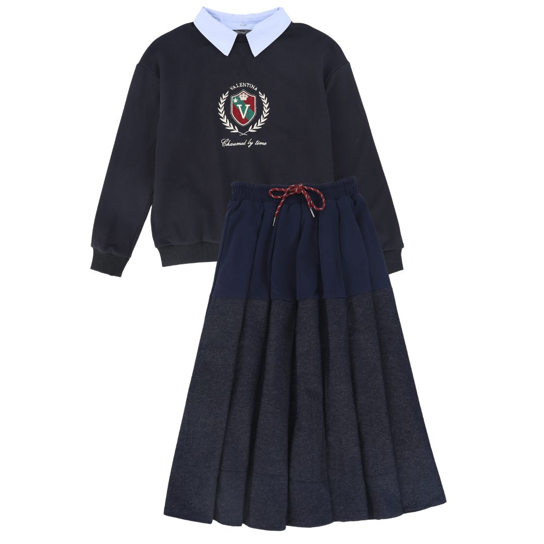 VALENTINA NAVY PLEATED SWEATSHIRT SKIRT SET